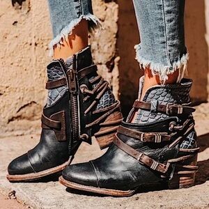 Freebird by Steven | Women’s Black/Brown/Blue Leather Strappy Crue Ankle Boots 7